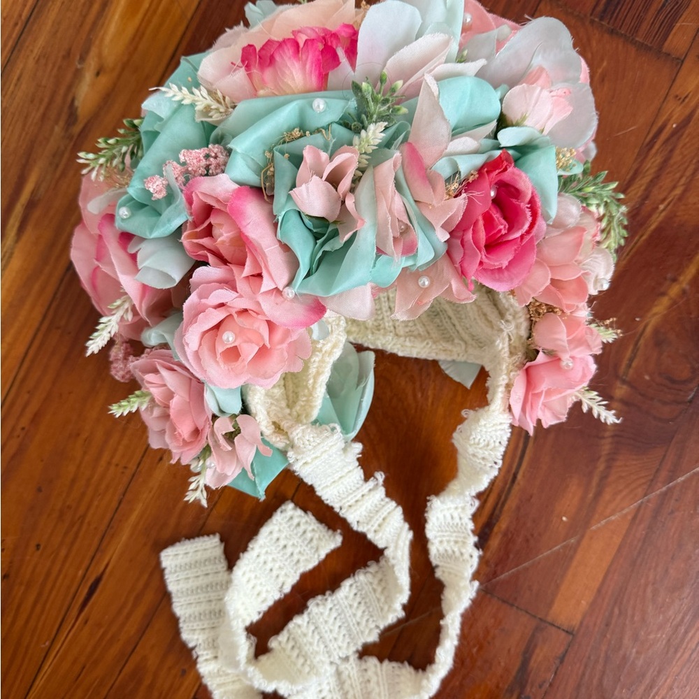 Floral Baby Bonnet with Pink and Blue Flowers